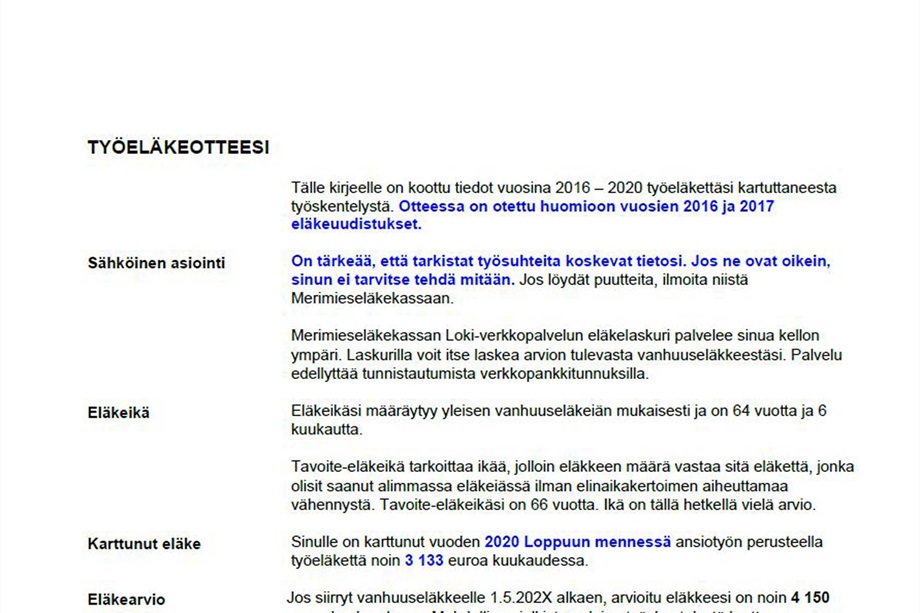 Malli työeläkeotteesta